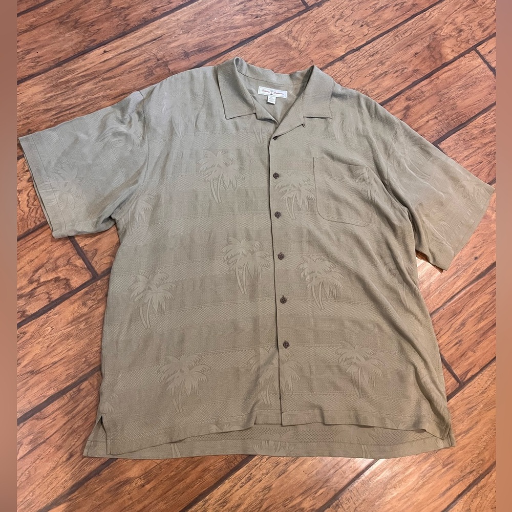 Tommy Bahama silk shirt men’s XXL tan brown button down short sleeve Palm Trees